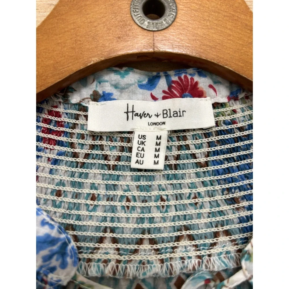 Haver & Blair London Womens Medium Patchwork Boho Smocked Button‎ Front Blouse